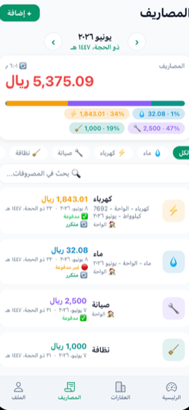 The expenses screen with the month's electricity, water, maintenance, and cleaning bills broken down